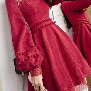 Adorable A-Line Red Corduroy Dress with Pom Pom and Lace Trim. Size XS